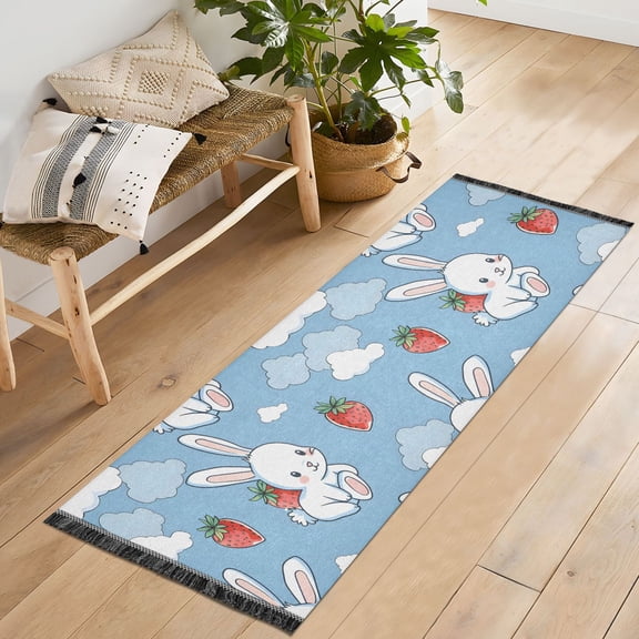 Ryvnso Cute Rabbit Strawberry Bedroom Runner Rug 2'x6' Hallway Area Carpet Non Slip Entryway Mat with Tassels