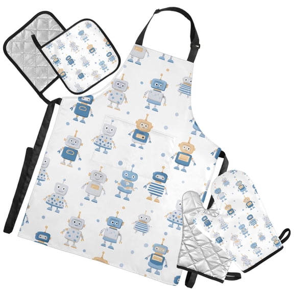 Ryvnso Cute Robots Kitchen Apron Oven Mitts Set Pot Holders