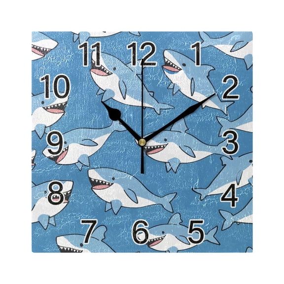 Ryvnso Cute Sharks Cartoon Wall Clock Square Silent Non-Ticking Battery Operated 7.78"
