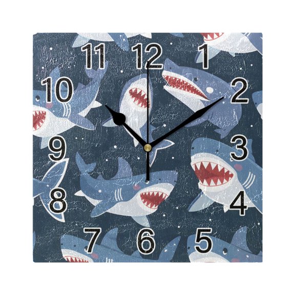 Ryvnso Cute Sharks Wall Clock Square Silent Non-Ticking Battery Operated 7.78"
