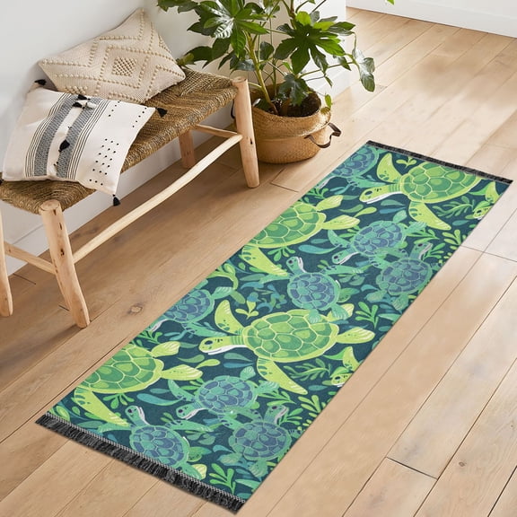 Ryvnso Cute Turtles and Seaweed Bedroom Runner Rug 2'x6' Hallway Area Carpet Non Slip Entryway Mat with Tassels