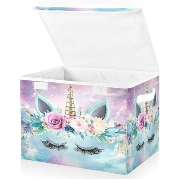 Ryvnso Cute Unicorn Large Lidded Foldable Storage Baskets Cubes Boxes Lids Bin for Home
