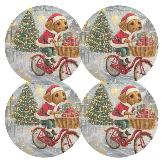 Ryvnso Dachshund Dog Riding in Chrisstmas Round Plate Mats Dining Table Placemat Set of 4 for Holiday Decoration