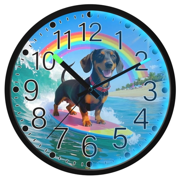 Ryvnso Dachshund Dog Surfing 12 Inch Night Light Wall Clock Silent Battery Operated Luminous Clocks