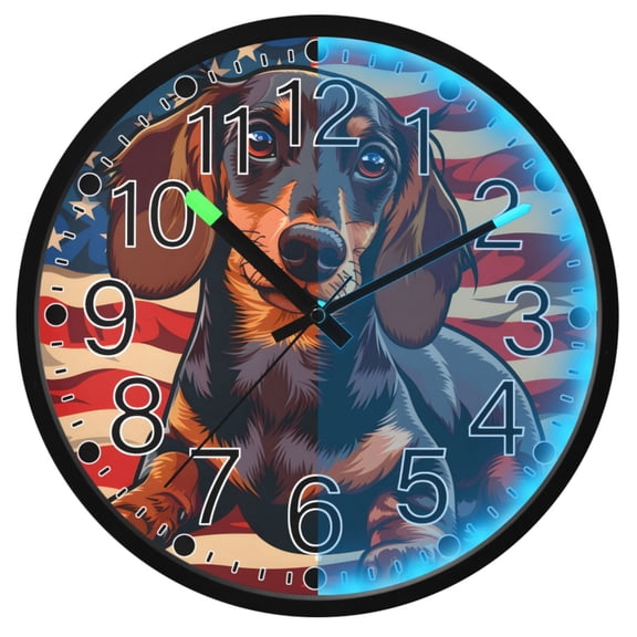 Ryvnso Dachshund Dog and Flag 12 Inch Night Light Wall Clock Silent Battery Operated Luminous Clocks
