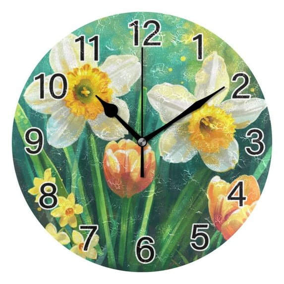 Ryvnso Daffodils Tulips Flowers Leaves Wall Clock Non Ticking Silent Kitchen Clock Battery Operated Clocks 10 inch