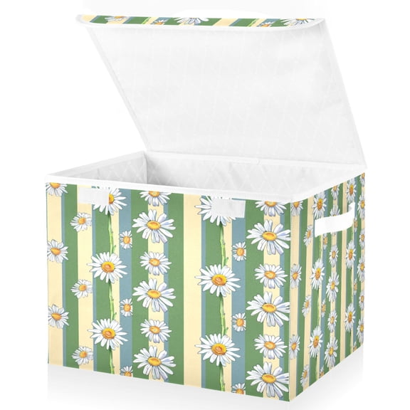 Ryvnso Daisy Chrysanthemum Flowers Stripe Large Lidded Foldable Storage Baskets Cubes Boxes Lids Bin for Home