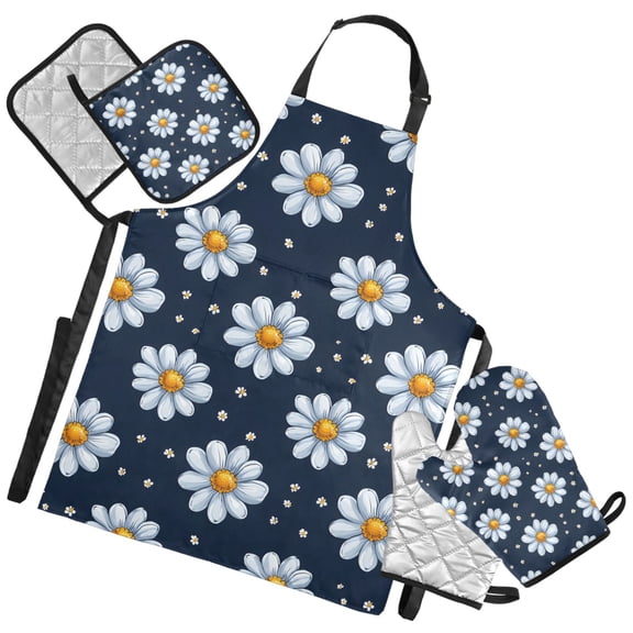 Ryvnso Daisy Floral Kitchen Apron Oven Mitts Set Pot Holders