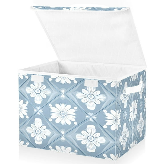 Ryvnso Daisy Flower on Checkered Large Lidded Foldable Storage Baskets Cubes Boxes Lids Bin for Home