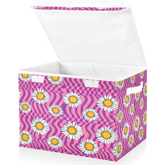 Ryvnso Daisy Flowers on Pink Check Large Lidded Foldable Storage Baskets Cubes Boxes Lids Bin for Home