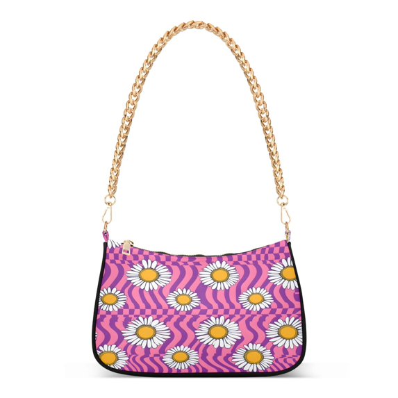 Ryvnso Daisy Flowers on Pink Check Womens Chain Shoulder Bag Tote Handbags Clutch Hobo Purse with Zipper for Travel