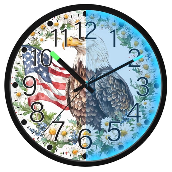 Ryvnso Daisy Wreath American Flag Eagle 12 Inch Night Light Wall Clock Silent Battery Operated Luminous Clocks