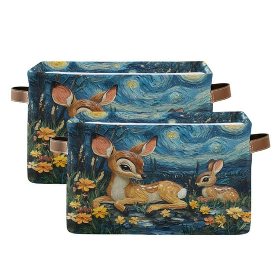 Ryvnso Deer Starry Night Storage Basket Large Bin Foldable Boxes Toys Organizer 14.2x10.2x8.3in 2 PCs