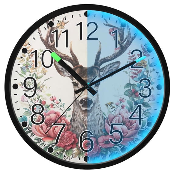 Ryvnso Deer and Flowers 12 Inch Night Light Wall Clock Silent Battery Operated Luminous Clocks
