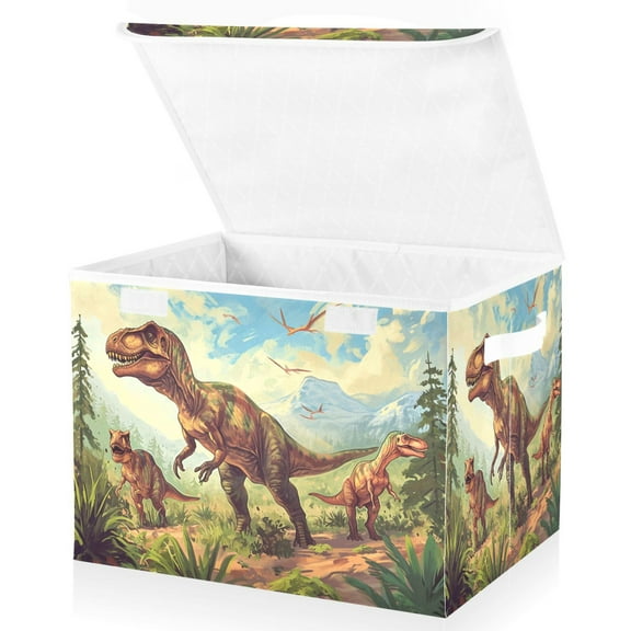 Ryvnso Dinosaur in Forest-a1 Large Lidded Foldable Storage Baskets Cubes Boxes Lids Bin for Home