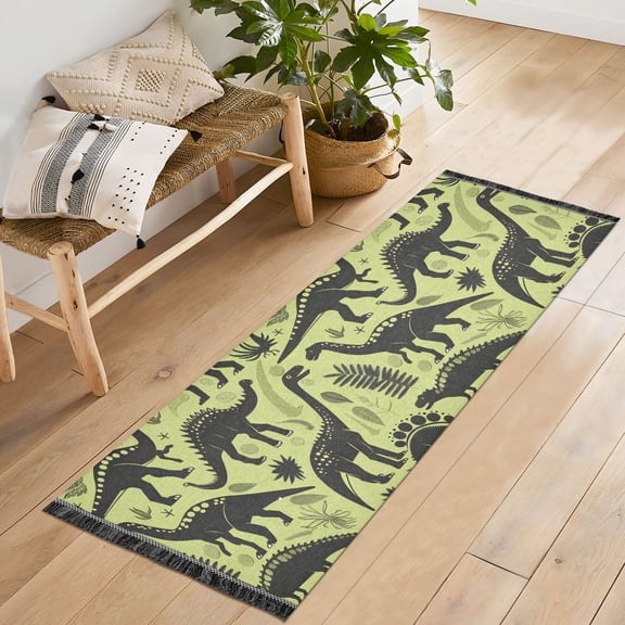 Ryvnso Dinosaurs Forest Bedroom Runner Rug 2'x6' Hallway Area Carpet Non Slip Entryway Mat with Tassels