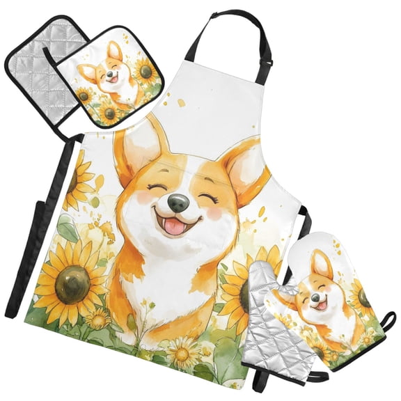 Ryvnso Dog Sunflowers Kitchen Apron Oven Mitts Set Pot Holders