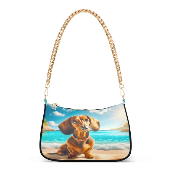 Ryvnso Dog on Beach and Blue Sky Womens Chain Shoulder Bag Tote Handbags Clutch Hobo Purse with Zipper for Travel