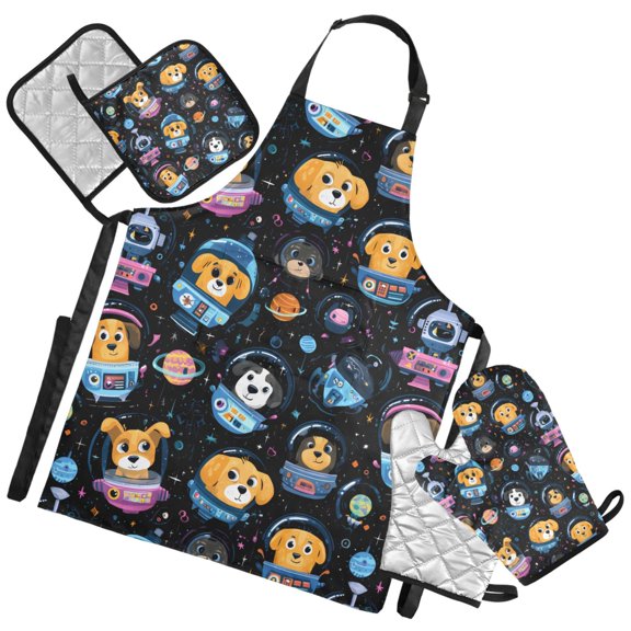 Ryvnso Dogs in Space Kitchen Apron Oven Mitts Set Pot Holders