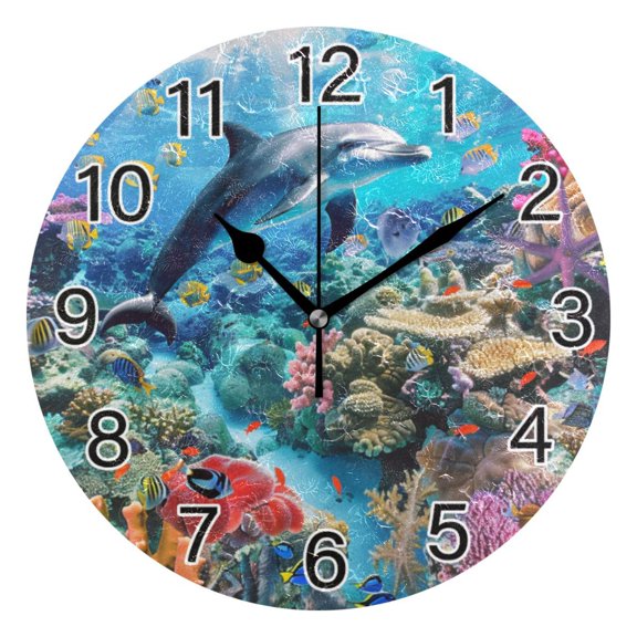Ryvnso Dolphin Coral under Sea Wall Clock Non Ticking Silent Kitchen Clock Battery Operated Clocks 10 inch