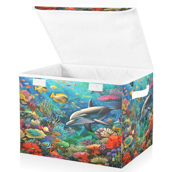 Ryvnso Dolphin Fish Coral under Sea Large Lidded Foldable Storage Baskets Cubes Boxes Lids Bin for Home