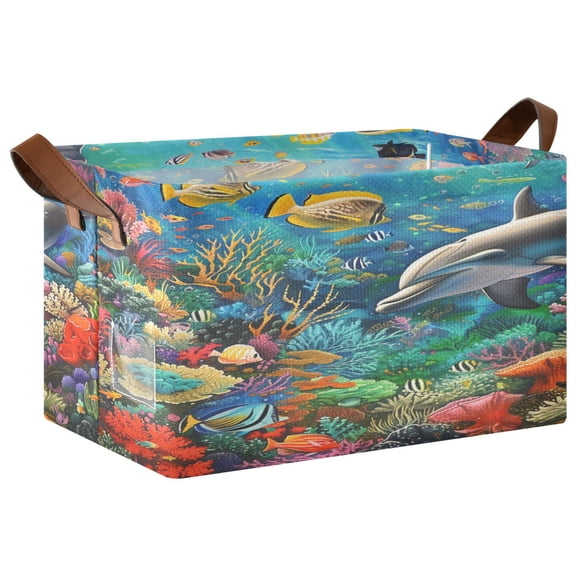 Ryvnso Dolphin Fish Coral under Sea Storage Bins Large Basket Foldable Cube Toys Organizer with Handles 1 PC