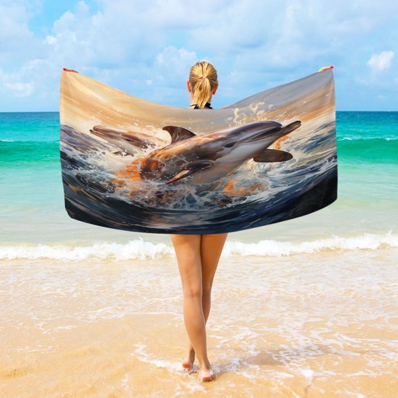 Ryvnso Dolphin Jumping Oversized Beach Towel Microfiber Bath Blankets Swimming Fitness 37" x 74"