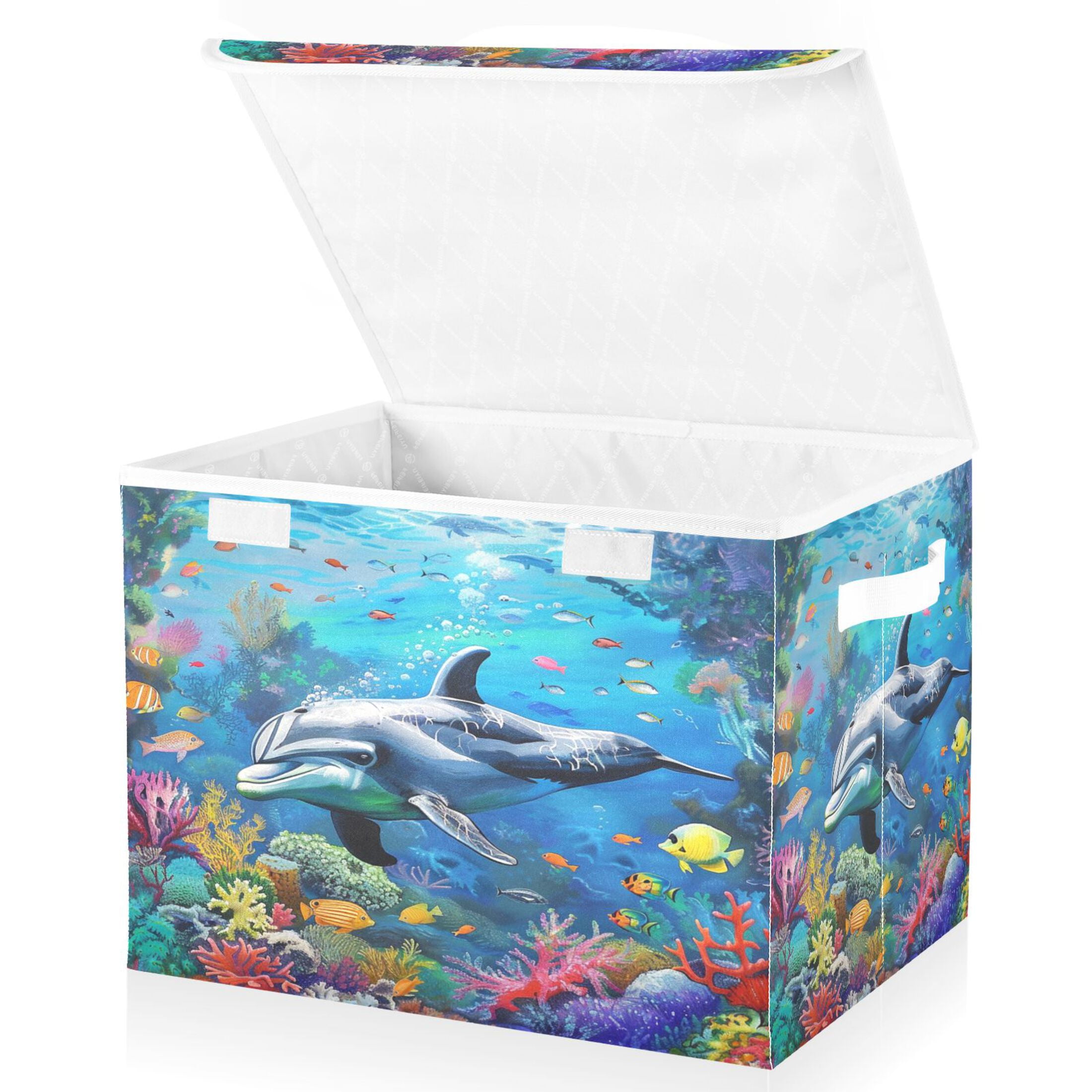 Ryvnso Dolphin and Fish under Sea Large Lidded Foldable Storage Baskets Cubes Boxes Lids Bin for Home