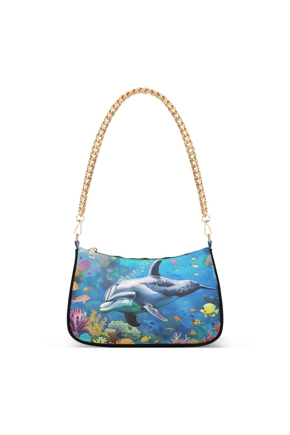 Dolphin and Fish under Sea Womens Chain Shoulder Bag Tote Handbags Clutch Hobo Purse with Zipper for Travel