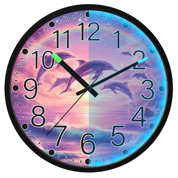 Ryvnso Dolphins and Rainbow 12 Inch Night Light Wall Clock Silent Battery Operated Luminous Clocks