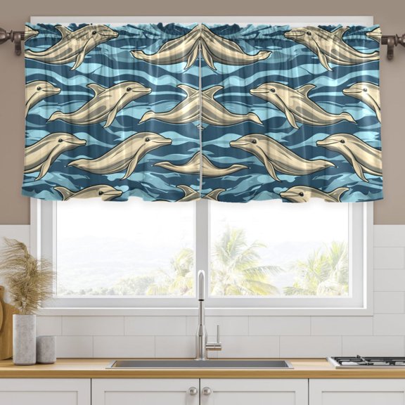 Ryvnso Dolphins in Ocean Curtains Sets Short Curtain Rod Pocket Half Window Cafe Farmhouse Tier 2 Panels 57"W x 24"L