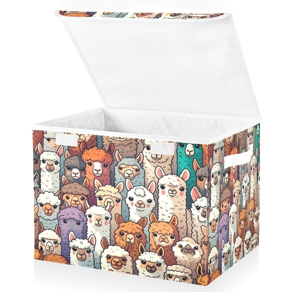 Ryvnso Doodle Alpaca Large Lidded Foldable Storage Baskets Cubes Boxes Lids Bin for Home