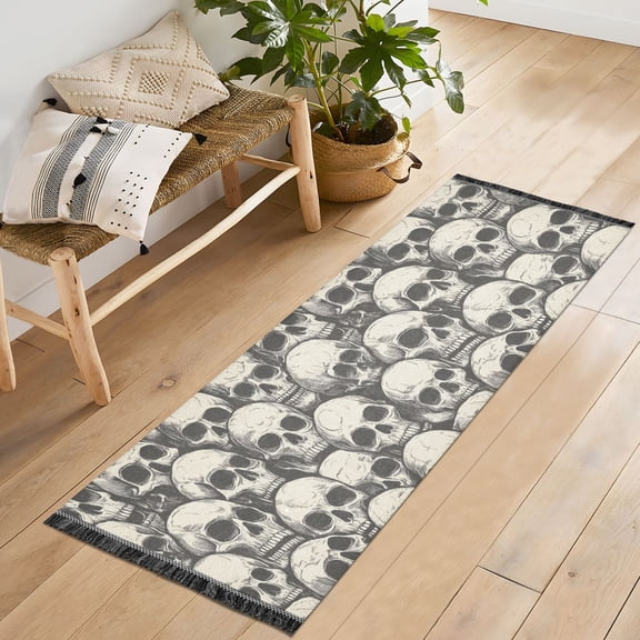 Ryvnso Doodle Skeleton Bedroom Runner Rug 2'x6' Hallway Area Carpet Non Slip Entryway Mat with Tassels