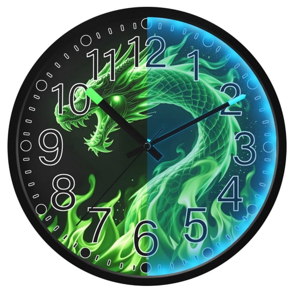 Ryvnso Dragon Green 12 Inch Night Light Wall Clock Silent Battery Operated Luminous Clocks