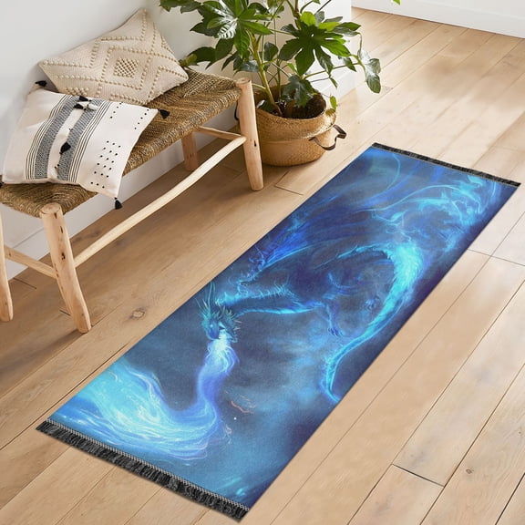 Ryvnso Dragon with Flame Bedroom Runner Rug 2'x6' Hallway Area Carpet Non Slip Entryway Mat with Tassels