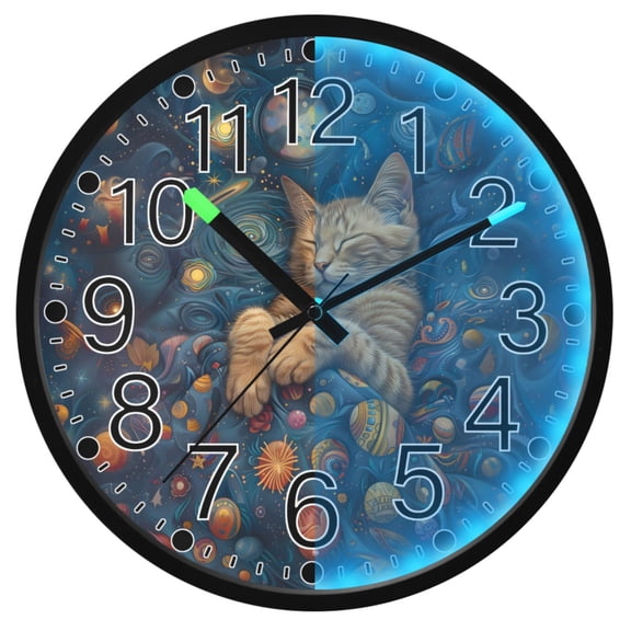 Ryvnso Dreamly Cat Space 12 Inch Night Light Wall Clock Silent Battery Operated Luminous Clocks