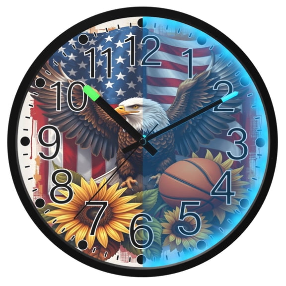 Ryvnso Eagle Sunflowers Flag 12 Inch Night Light Wall Clock Silent Battery Operated Luminous Clocks