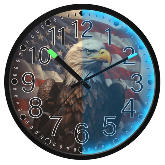Ryvnso Eagle with Flag 12 Inch Night Light Wall Clock Silent Battery Operated Luminous Clocks