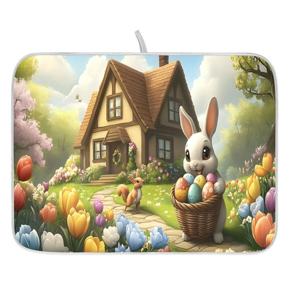 Ryvnso Easter Bunny Tulip Flower Dish Drying Mat for Kitchen Countertop 18x24 Large Dish Pad Drainer Rack Dish Sink Mats