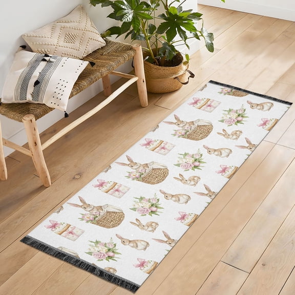 Ryvnso Easter Rabbit Bedroom Runner Rug 2'x6' Hallway Area Carpet Non Slip Entryway Mat with Tassels
