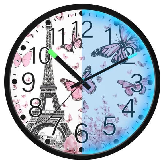 Ryvnso Eiffel Tower Butterflies 12 Inch Night Light Wall Clock Silent Battery Operated Luminous Clocks