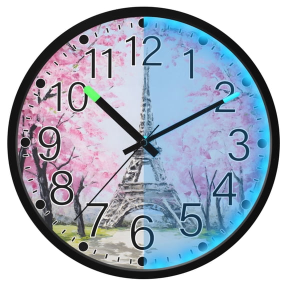 Ryvnso Eiffel Tower Cherry Blossoms 12 Inch Night Light Wall Clock Silent Battery Operated Luminous Clocks