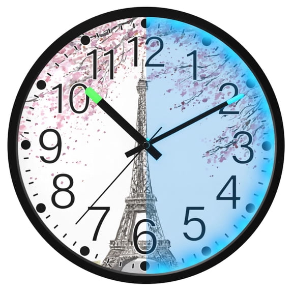 Ryvnso Eiffel Tower Cherry Floral 12 Inch Night Light Wall Clock Silent Battery Operated Luminous Clocks