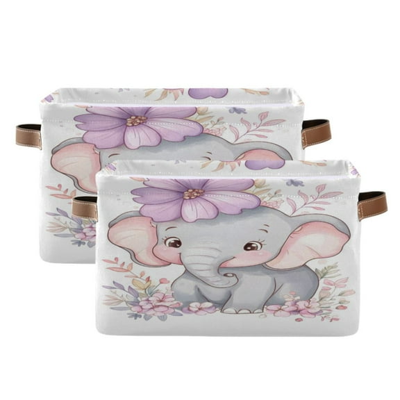 Ryvnso Elephant Flower Storage Basket Large Bin Foldable Boxes Toys Organizer 14.2x10.2x8.3in 2 PCs