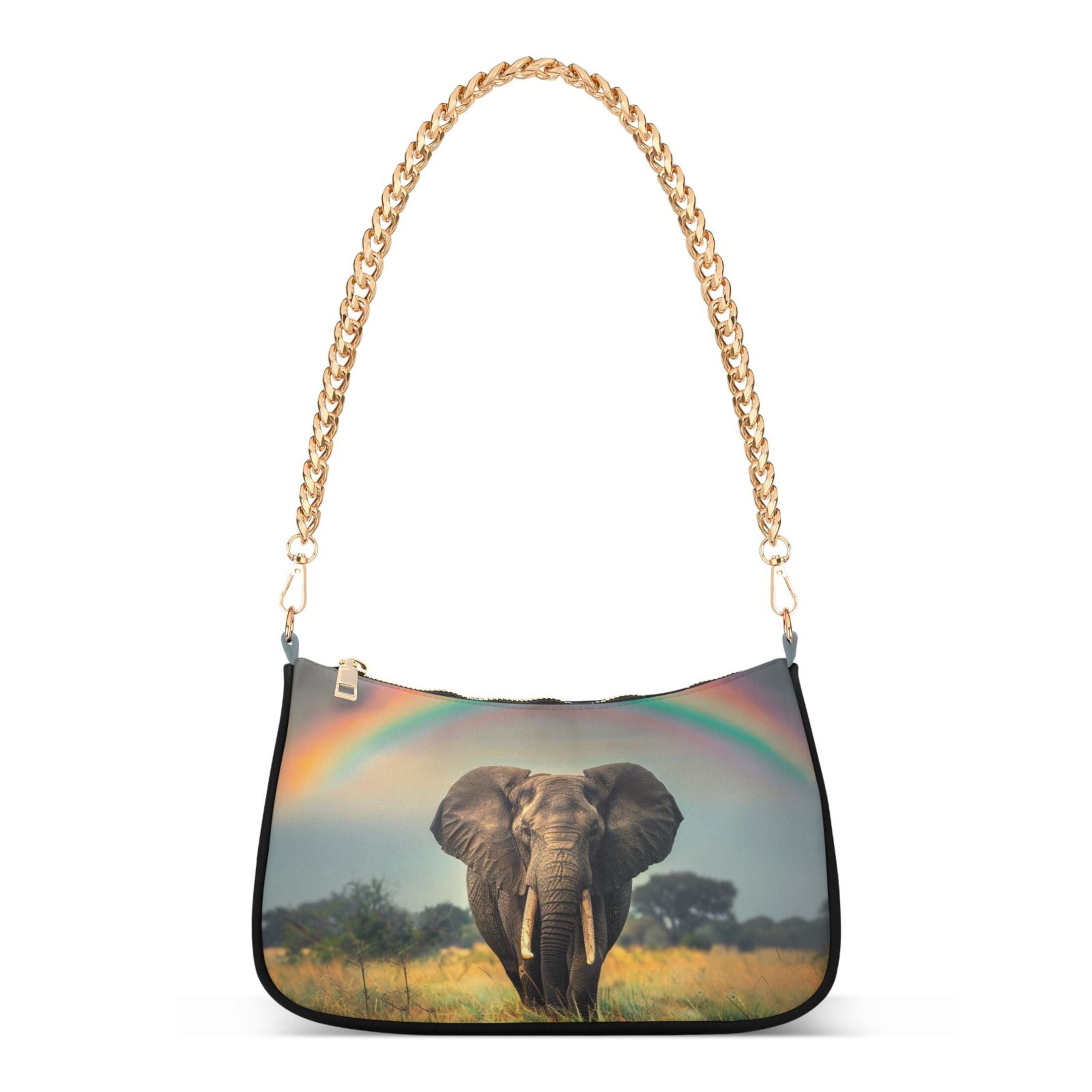 Ryvnso Elephant and Rainbow Womens Chain Shoulder Bag Tote Handbags Clutch Hobo Purse with Zipper for Travel