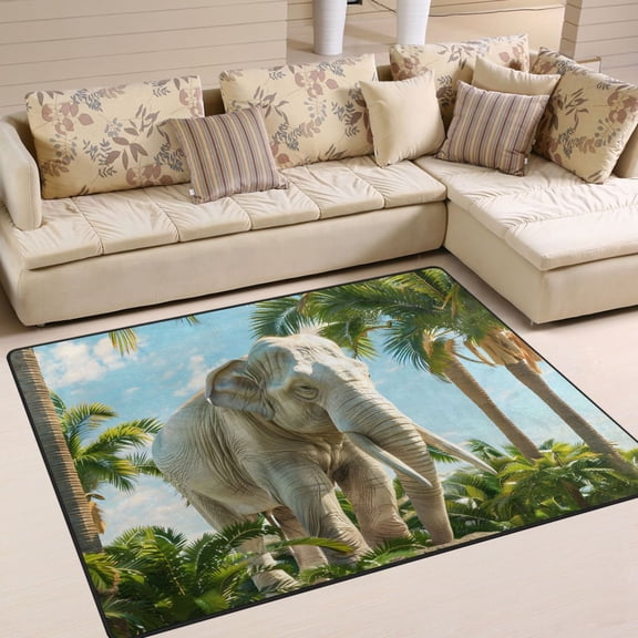 Ryvnso Elephant in Hawaii Palm Tree Area Floor Rugs Soft Non-Slip Large Mats Nursery Carpets 63" x 48"