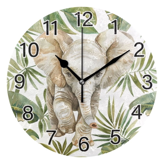 Ryvnso Elephant in Palm Leaves Wall Clock Non Ticking Silent Kitchen Clock Battery Operated Clocks 10 inch