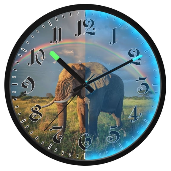 Ryvnso Elephant with Rainbow Sky 12 Inch Night Light Wall Clock Luminous Silent Battery Operate Clocks