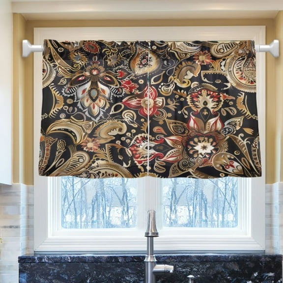 Ryvnso Ethnic Bohemian Mandala Paisley Flower Half Curtains Sets Tier 2 Panels Short Curtain Rod Pocket 27"W x 24"L