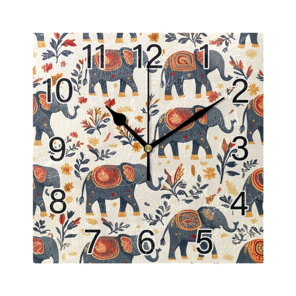 Ryvnso Ethnic Cute Elephant Wall Clock Square Silent Non-Ticking Battery Operated 7.78"